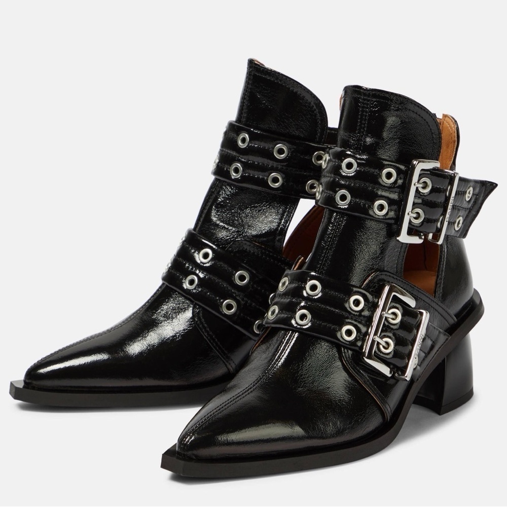 NWT Ganni Double Wide Welt Buckle Cutout Ankle Boots in Black Faux Patent